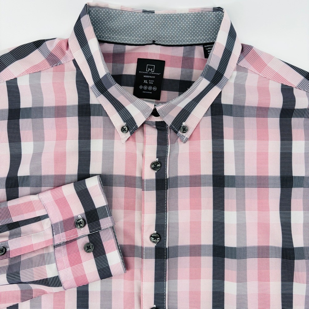 Michael Strahan Mens XL Plaid Button Down Shirt Pink Navy Performance 18-18.5